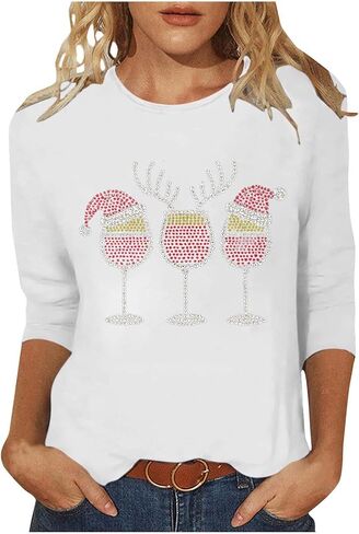 Women's Christmas Rhinestones Wine Glass Sparkly Shirt 3/4 Tops and Tees Plus Size Holiday Xmas Party Costumes in Saudi Arabia