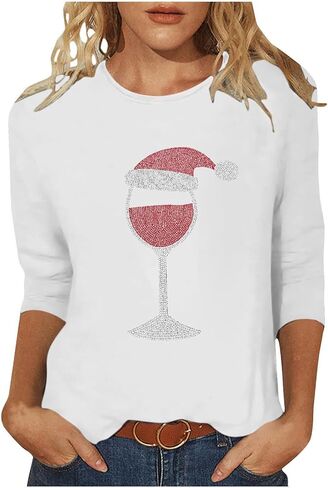 Women's Christmas Rhinestones Wine Glass Sparkly Shirt 3/4 Tops and Tees Plus Size Holiday Xmas Party Costumes in Saudi Arabia