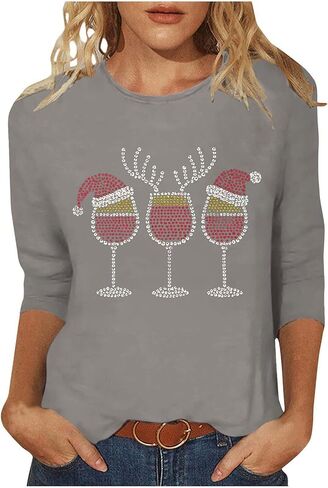 Women's Christmas Rhinestones Wine Glass Sparkly Shirt 3/4 Tops and Tees Plus Size Holiday Xmas Party Costumes in Saudi Arabia