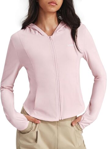 سترة رياضية قصيرة للنساء من K-Swiss - قمصان خفيفة الوزن ذات مقاس نحيف بسحاب - سترات رياضية بغطاء للرأس وفتحات للإبهام in Kuwait