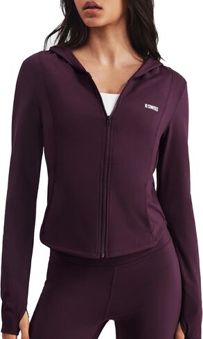 سترة رياضية قصيرة للنساء من K-Swiss - قمصان خفيفة الوزن ذات مقاس نحيف بسحاب - سترات رياضية بغطاء للرأس وفتحات للإبهام in Kuwait