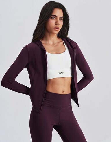 سترة رياضية قصيرة للنساء من K-Swiss - قمصان خفيفة الوزن ذات مقاس نحيف بسحاب - سترات رياضية بغطاء للرأس وفتحات للإبهام in Kuwait