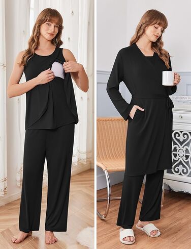 Ekouaer طقم رداء الأمومة للرضاعة 3 قطع بدون أكمام، سروال حمل ورداء بيجامة بطبقة مزدوجة S-XXL in Kuwait