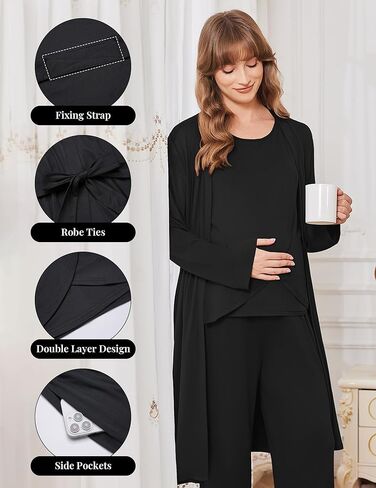 Ekouaer طقم رداء الأمومة للرضاعة 3 قطع بدون أكمام، سروال حمل ورداء بيجامة بطبقة مزدوجة S-XXL in Kuwait
