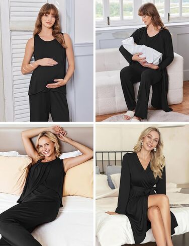 Ekouaer طقم رداء الأمومة للرضاعة 3 قطع بدون أكمام، سروال حمل ورداء بيجامة بطبقة مزدوجة S-XXL in Kuwait