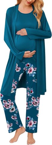 Ekouaer طقم رداء الأمومة للرضاعة 3 قطع بدون أكمام، سروال حمل ورداء بيجامة بطبقة مزدوجة S-XXL in Kuwait