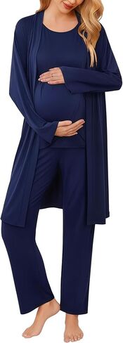 Ekouaer طقم رداء الأمومة للرضاعة 3 قطع بدون أكمام، سروال حمل ورداء بيجامة بطبقة مزدوجة S-XXL in Kuwait
