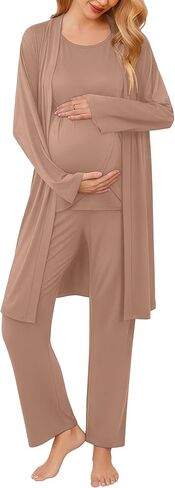 Ekouaer طقم رداء الأمومة للرضاعة 3 قطع بدون أكمام، سروال حمل ورداء بيجامة بطبقة مزدوجة S-XXL in Kuwait