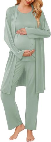 Ekouaer طقم رداء الأمومة للرضاعة 3 قطع بدون أكمام، سروال حمل ورداء بيجامة بطبقة مزدوجة S-XXL in Kuwait