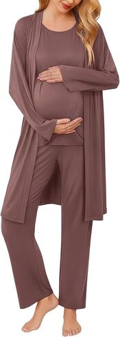 Ekouaer طقم رداء الأمومة للرضاعة 3 قطع بدون أكمام، سروال حمل ورداء بيجامة بطبقة مزدوجة S-XXL in Kuwait