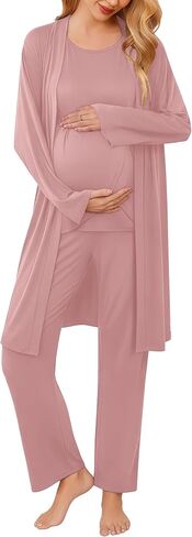 Ekouaer طقم رداء الأمومة للرضاعة 3 قطع بدون أكمام، سروال حمل ورداء بيجامة بطبقة مزدوجة S-XXL in Kuwait
