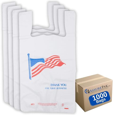 Easy Open HDPE Plastic Bag - 500 Bags/case - "American Flag" White T-Shirt Bag -1/6 BBL 11.5"x 6.5"x 21" - 18 microns - For Retail, Groceries, Merchandise, Convenience Store, Supermarket, Restaurant in Saudi Arabia