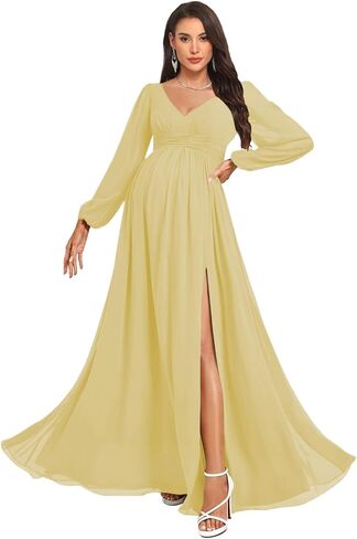 NLQ Women's Long Sleeves Maternity Gowns for Pregnant 2026 Chiffon Pleated A Line Baby Shower Dress with Slit in Saudi Arabia