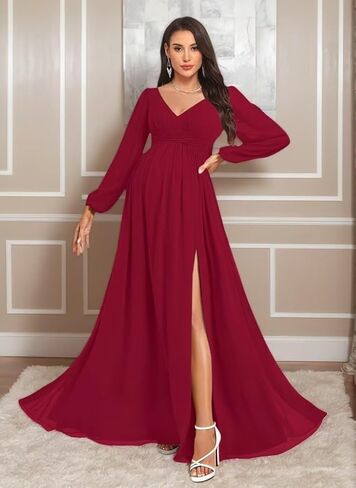 NLQ Women's Long Sleeves Maternity Gowns for Pregnant 2026 Chiffon Pleated A Line Baby Shower Dress with Slit in Saudi Arabia
