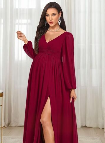 NLQ Women's Long Sleeves Maternity Gowns for Pregnant 2026 Chiffon Pleated A Line Baby Shower Dress with Slit in Saudi Arabia