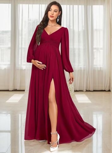 NLQ Women's Long Sleeves Maternity Gowns for Pregnant 2026 Chiffon Pleated A Line Baby Shower Dress with Slit in Saudi Arabia