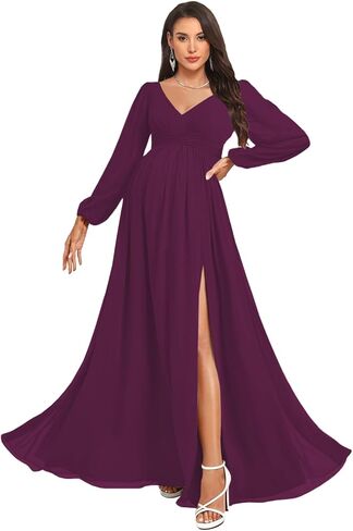 NLQ Women's Long Sleeves Maternity Gowns for Pregnant 2026 Chiffon Pleated A Line Baby Shower Dress with Slit in Saudi Arabia
