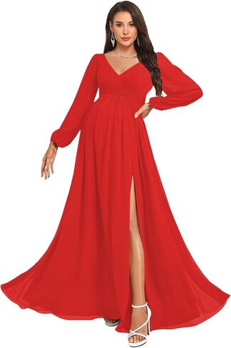 NLQ Women's Long Sleeves Maternity Gowns for Pregnant 2026 Chiffon Pleated A Line Baby Shower Dress with Slit in Saudi Arabia