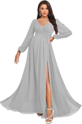 NLQ Women's Long Sleeves Maternity Gowns for Pregnant 2026 Chiffon Pleated A Line Baby Shower Dress with Slit in Saudi Arabia