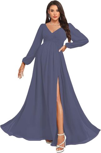 NLQ Women's Long Sleeves Maternity Gowns for Pregnant 2026 Chiffon Pleated A Line Baby Shower Dress with Slit in Saudi Arabia