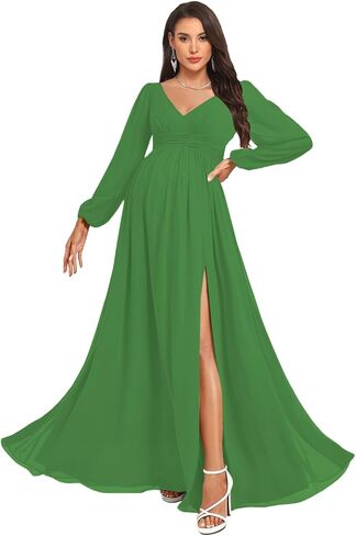 NLQ Women's Long Sleeves Maternity Gowns for Pregnant 2026 Chiffon Pleated A Line Baby Shower Dress with Slit in Saudi Arabia