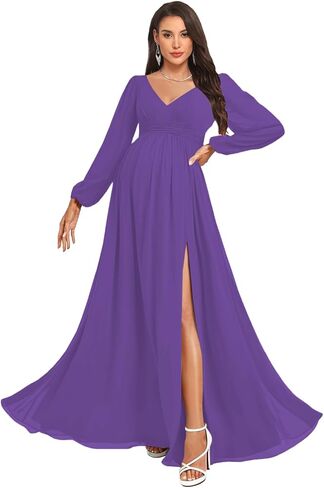 NLQ Women's Long Sleeves Maternity Gowns for Pregnant 2026 Chiffon Pleated A Line Baby Shower Dress with Slit in Saudi Arabia
