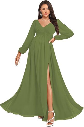 NLQ Women's Long Sleeves Maternity Gowns for Pregnant 2026 Chiffon Pleated A Line Baby Shower Dress with Slit in Saudi Arabia
