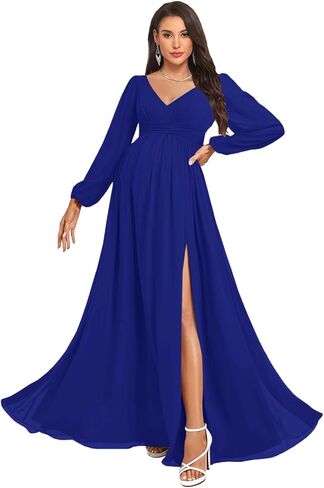 NLQ Women's Long Sleeves Maternity Gowns for Pregnant 2026 Chiffon Pleated A Line Baby Shower Dress with Slit in Saudi Arabia