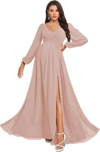 NLQ Women's Long Sleeves Maternity Gowns for Pregnant 2026 Chiffon Pleated A Line Baby Shower Dress with Slit in Saudi Arabia
