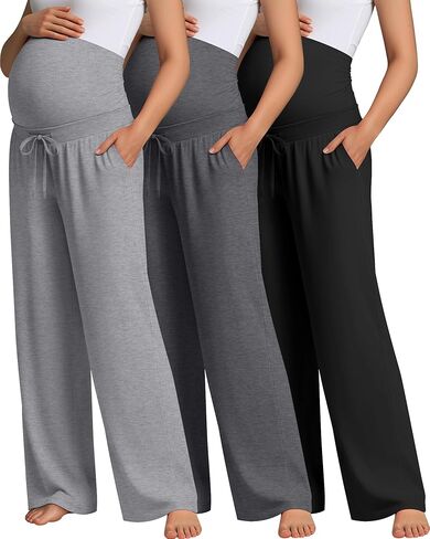3 قطعة Sweatpants الأمومة فوق البطن الحمل مستقيم واسعة الساق مطاطا الرباط السراويل ركض مع جيوب in Saudi Arabia