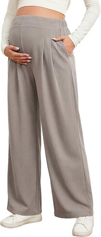 BLENCOT Women Maternity Pants Work Stretchy Wide Leg Trousers Baggy Pregnancy Joggers with Pockets in Kuwait