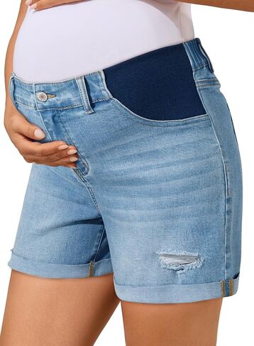 BLENCOT Maternity Jean Shorts for Women Under Belly Pregnancy Trendy Ripped Casual Summer Fold Hem Stretchy Shorts Denim in Saudi Arabia