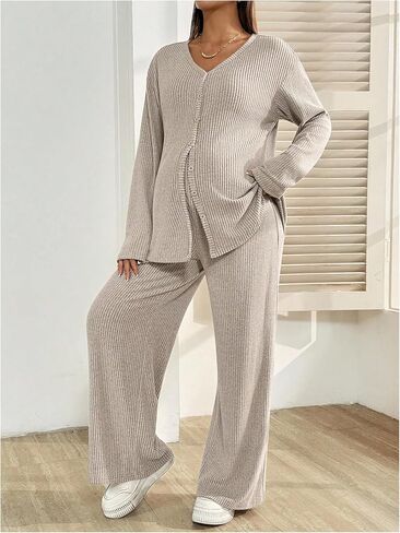 MakeMeChic Women's Maternity 2 Piece Pajama Set Button Up Long Sleeve Pants Lounge Sets in Saudi Arabia