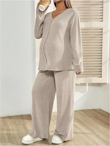 MakeMeChic Women's Maternity 2 Piece Pajama Set Button Up Long Sleeve Pants Lounge Sets in Saudi Arabia