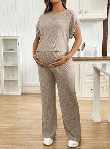 BLENCOT Maternity Clothes Ribbed Short Sleeve Maternity Pajamas Sets Sleepwear Lounge 2 Piece Matching Outfits Set in Saudi Arabia