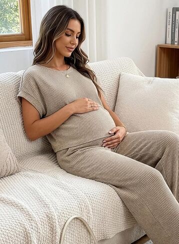 BLENCOT Maternity Clothes Ribbed Short Sleeve Maternity Pajamas Sets Sleepwear Lounge 2 Piece Matching Outfits Set in Saudi Arabia