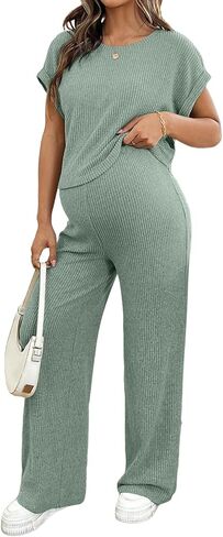 BLENCOT Maternity Clothes Ribbed Short Sleeve Maternity Pajamas Sets Sleepwear Lounge 2 Piece Matching Outfits Set in Saudi Arabia