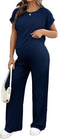 BLENCOT Maternity Clothes Ribbed Short Sleeve Maternity Pajamas Sets Sleepwear Lounge 2 Piece Matching Outfits Set in Saudi Arabia