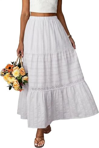 BLENCOT Women's Long Skirt Boho Crochet Lace Tiered High Waisted Cotton A-Line Flowy Maxi Skirt in Saudi Arabia