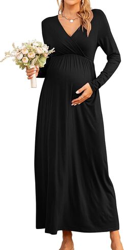 Fall Maternity Maxi Dress Long Sleeve Wrap V Neck Baby Shower Pregnancy Dresses for Photoshoot Maternity Clothes in Saudi Arabia