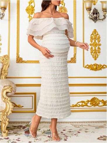 OYOANGLE Women's Maternity Layered Off Shoulder Bodycon Long Dress Elegant Textured Wedding Guest Dresses in Saudi Arabia