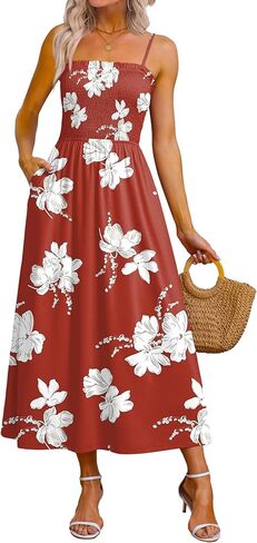 OFEEFAN Womens Spaghetti Strap Maxi Dresses Smocked with Pockets 2026 Summer Spring Casual Boho Beach Long Sundresses in Saudi Arabia