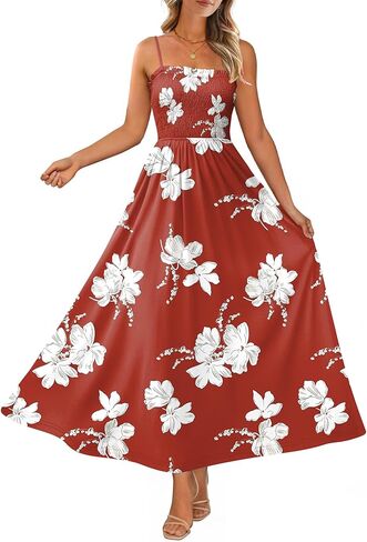 OFEEFAN Womens Spaghetti Strap Maxi Dresses Smocked with Pockets 2026 Summer Spring Casual Boho Beach Long Sundresses in Saudi Arabia