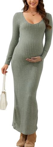فستان سترة الأمومة رقبة سكوب مضلع متماسكة كم طويل فستان الحمل ماكسي Bodycon لاستحمام الطفل والتقاط الصور in Kuwait
