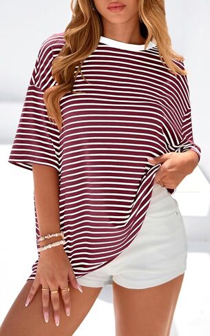 PRETTYGARDEN Womens Oversized Cute Tops Casual Striped Short Sleeve Shirt Women Trendy 2026 Spring Fashion Basic Tees Blouse in Saudi Arabia