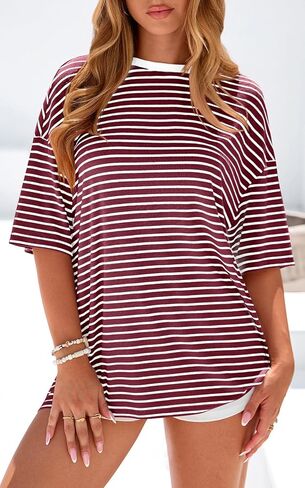 PRETTYGARDEN Womens Oversized Cute Tops Casual Striped Short Sleeve Shirt Women Trendy 2026 Spring Fashion Basic Tees Blouse in Saudi Arabia