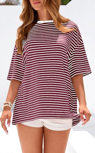 PRETTYGARDEN Womens Oversized Cute Tops Casual Striped Short Sleeve Shirt Women Trendy 2026 Spring Fashion Basic Tees Blouse in Saudi Arabia