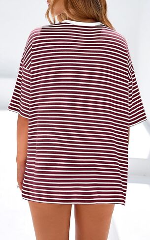 PRETTYGARDEN Womens Oversized Cute Tops Casual Striped Short Sleeve Shirt Women Trendy 2026 Spring Fashion Basic Tees Blouse in Saudi Arabia
