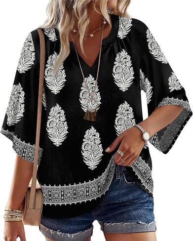 WIHOLL Boho Cute Summer Tops for Women 3/4 Sleeve Dressy Fashion V Neck Casual 2026 Business Beach Plus Size Holiday Blouses in Saudi Arabia