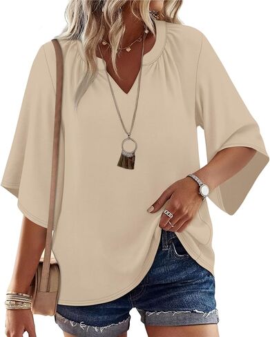 WIHOLL Boho Cute Summer Tops for Women 3/4 Sleeve Dressy Fashion V Neck Casual 2026 Business Beach Plus Size Holiday Blouses in Kuwait